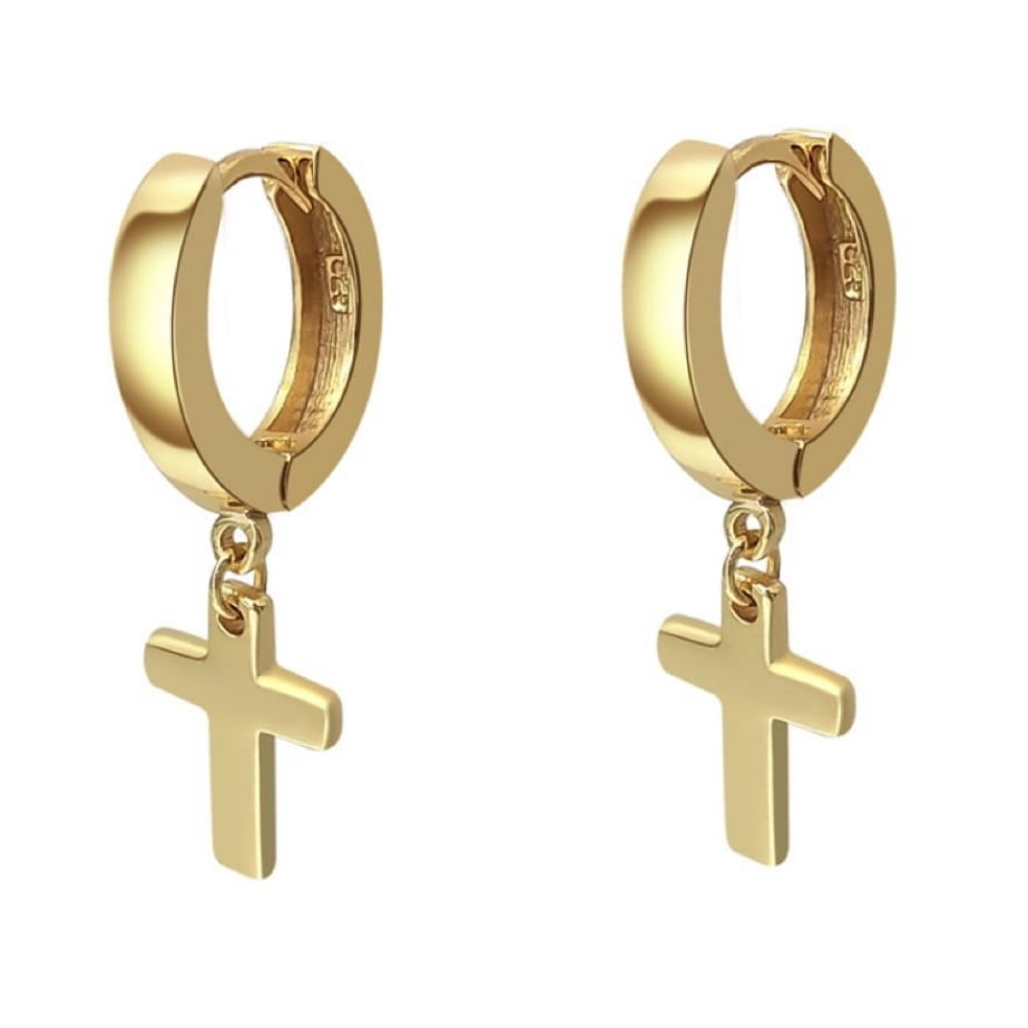 Mens Solid Gold Plated Sterling Silver Cross Dangle Hoop Huggie Earrings