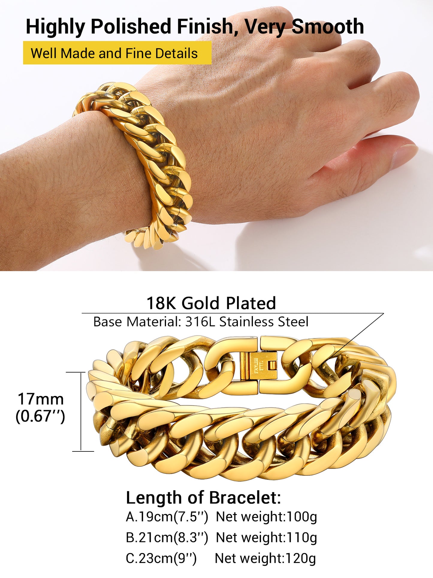 Men Stainless Steel 17Mm Cuban Chain Bracelets Hip Pop Chunky Franco Gold Plated Chain Bracelet 9 Inch Chains Jewelry Birthday Teen Graduation Father'S Day Gifts