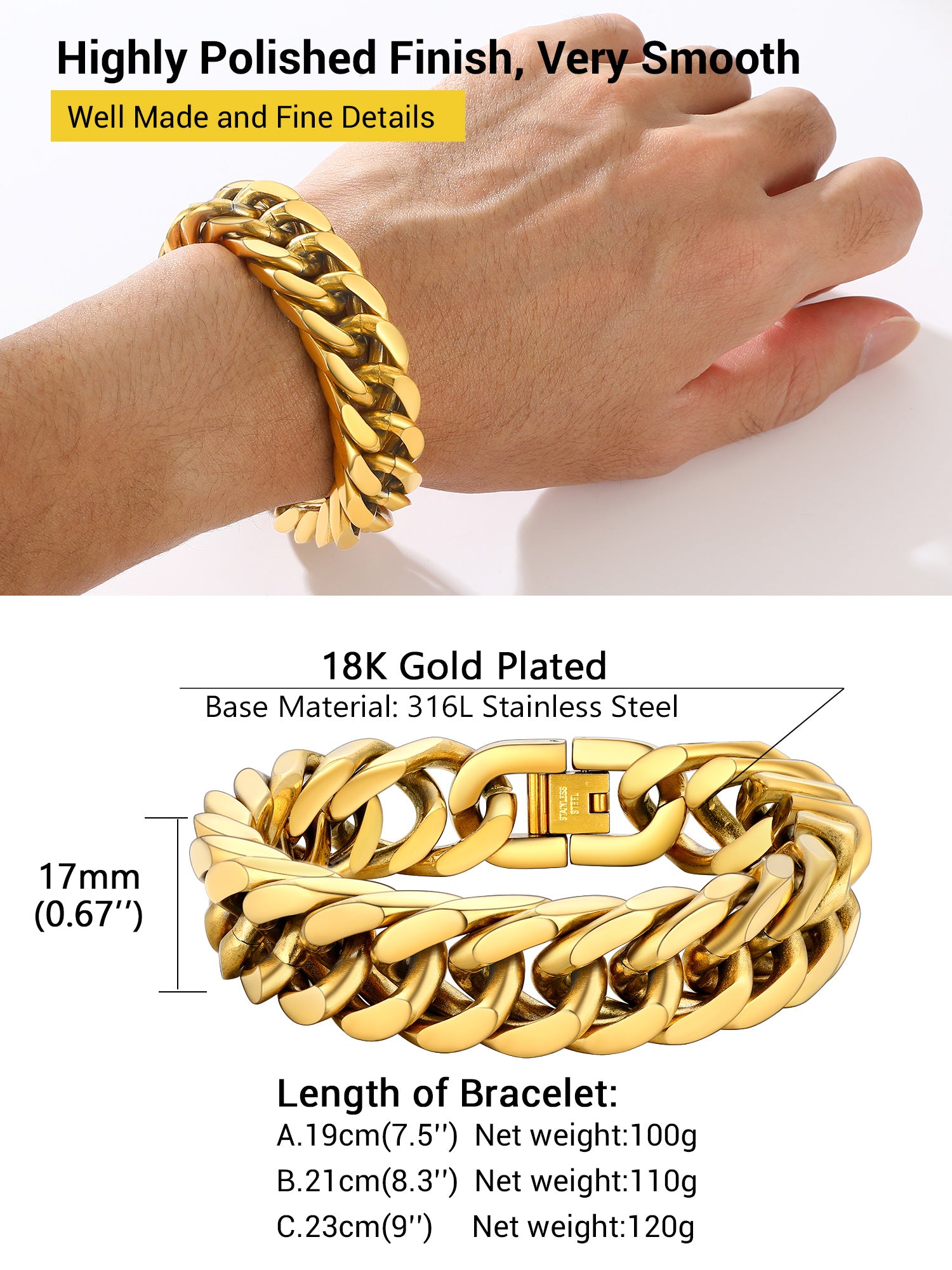 Men Stainless Steel 17Mm Cuban Chain Bracelets Hip Pop Chunky Franco Gold Plated Chain Bracelet 9 Inch Chains Jewelry Birthday Teen Graduation Father'S Day Gifts
