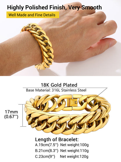 Men Stainless Steel 17Mm Cuban Chain Bracelets Hip Pop Chunky Franco Gold Plated Chain Bracelet 9 Inch Chains Jewelry Birthday Teen Graduation Father'S Day Gifts