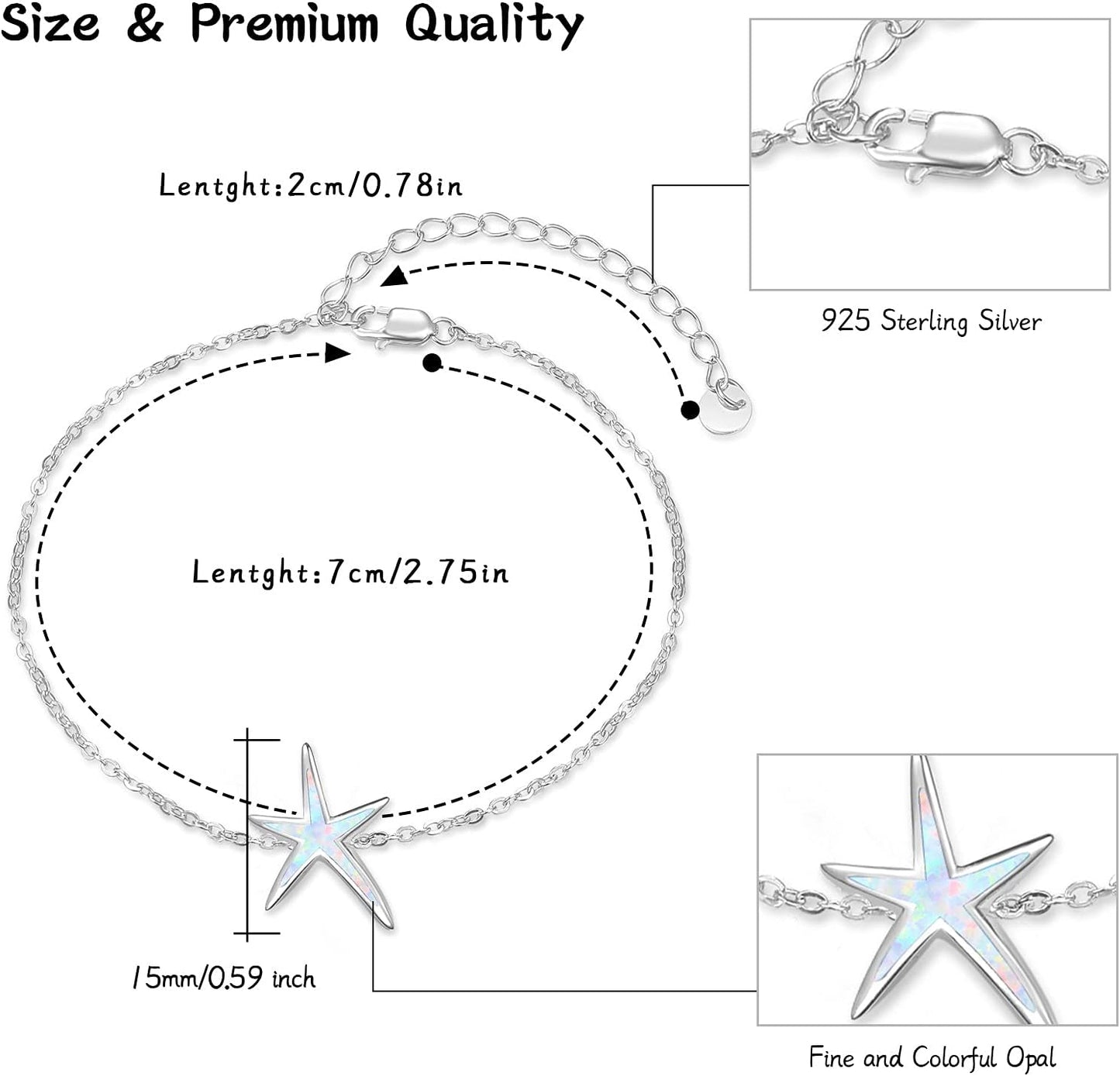 Starfish Bracelet 925 Sterling Silver with White Fire Opal Chain Bracelets Ocean Jewelry Birthday for Women