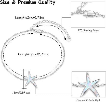 Starfish Bracelet 925 Sterling Silver with White Fire Opal Chain Bracelets Ocean Jewelry Birthday for Women