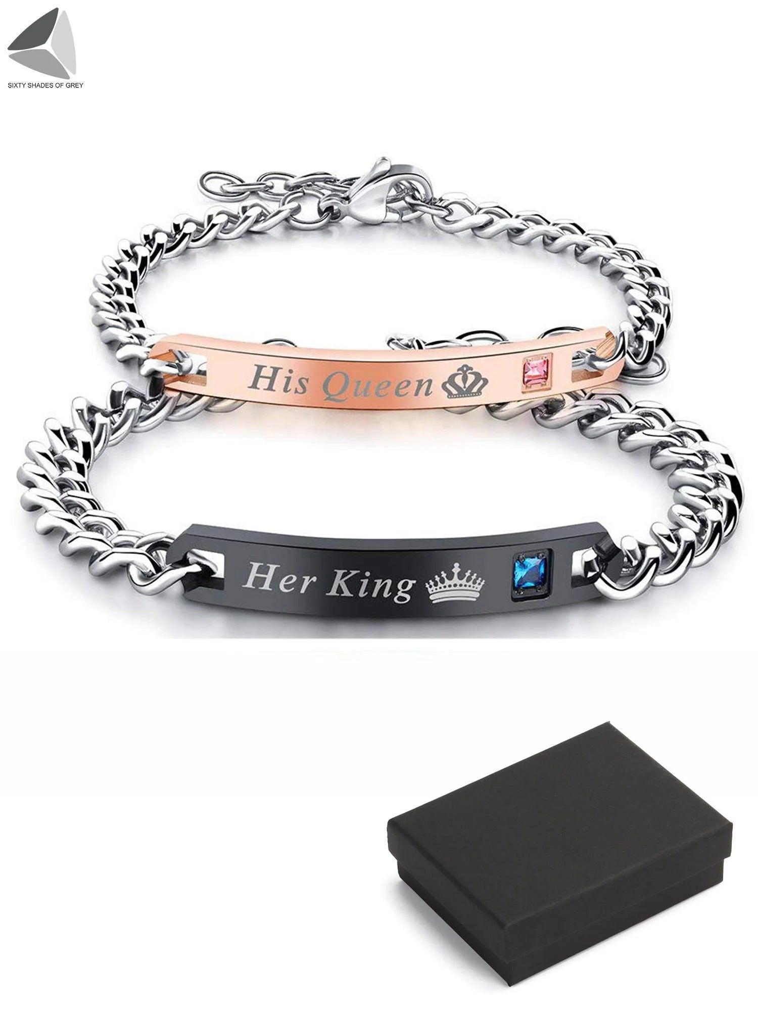 Stainless Steel Couple Bracelets His Queen Her King Bracelets for Couples Jewelry Matching Set Christmas Anniversary Valentine'S Day Gift (1 Pcs, Black)