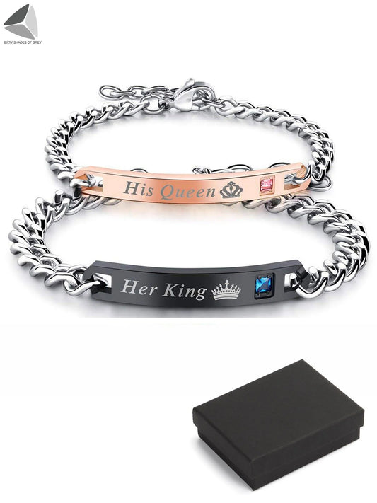 Stainless Steel Couple Bracelets His Queen Her King Bracelets for Couples Jewelry Matching Set Christmas Anniversary Valentine'S Day Gift (1 Pcs, Black)