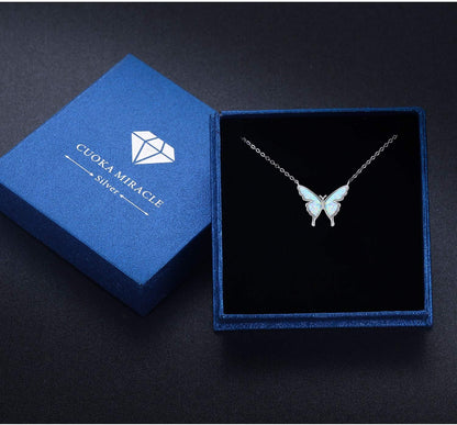 Opal Butterfly Necklace for Women 925 Sterling Silver Dainty Cute Butterfly Charm Jewelry Delicate Pendant Butterfly Necklace Birthday Christmas Gift for Wife Girlfriend Mom Teen