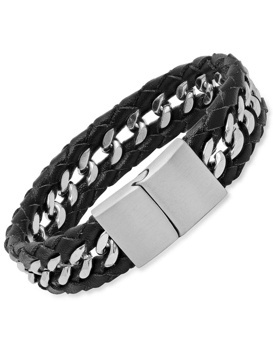 Men'S Black Synthetic Leather & Stainless Steel Chain 8.5" Biker Bracelet