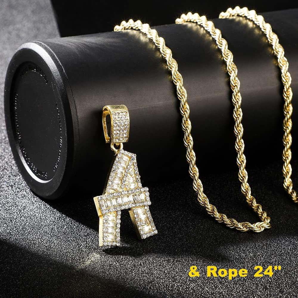 Bling Silver Gold Iced Out Baguette Initial Letter Necklaces for Men Women Big Cz Diamond Capital Letter Pendant A-Z with Rope Tennis Chains