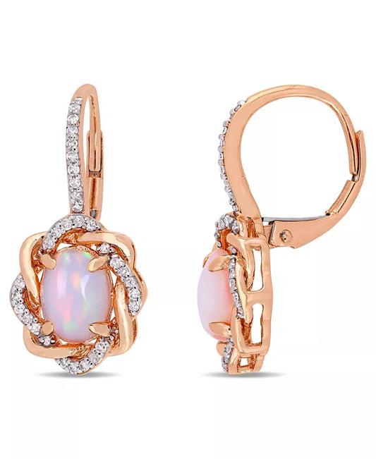 Blue-Hued Opal (1-1/2 Ct. T.W.) and Diamond (1/4 Ct. T.W.) Halo Swirl Earrings in 10K Rose Gold