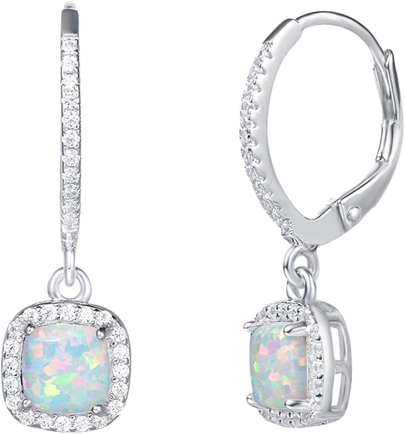 Lever Back Earrings Created Opal October Birthstone Earrings Sterling Silver White Fire Opal Halo Cubic Zirconia Square French Back Earrings Jewelry for Women