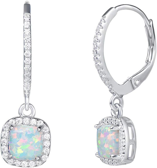 Lever Back Earrings Created Opal October Birthstone Earrings Sterling Silver White Fire Opal Halo Cubic Zirconia Square French Back Earrings Jewelry for Women