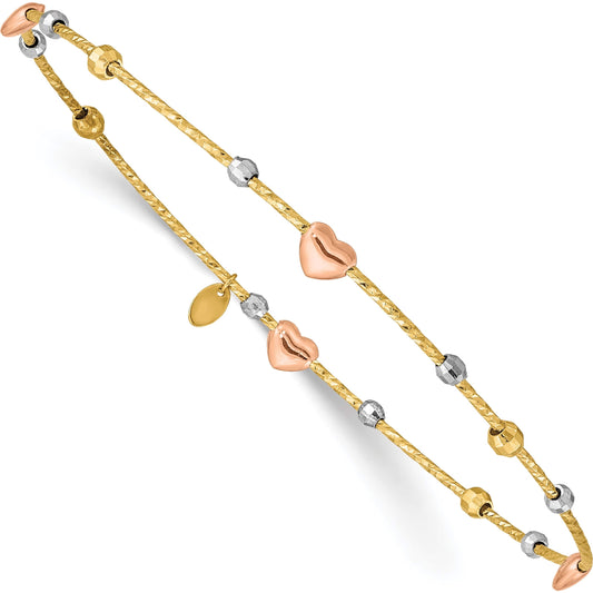 14K Tri-Color Heart Diamond-Cut Slip-On Bangle (8.25 X 1) Made in Indonesia Db679