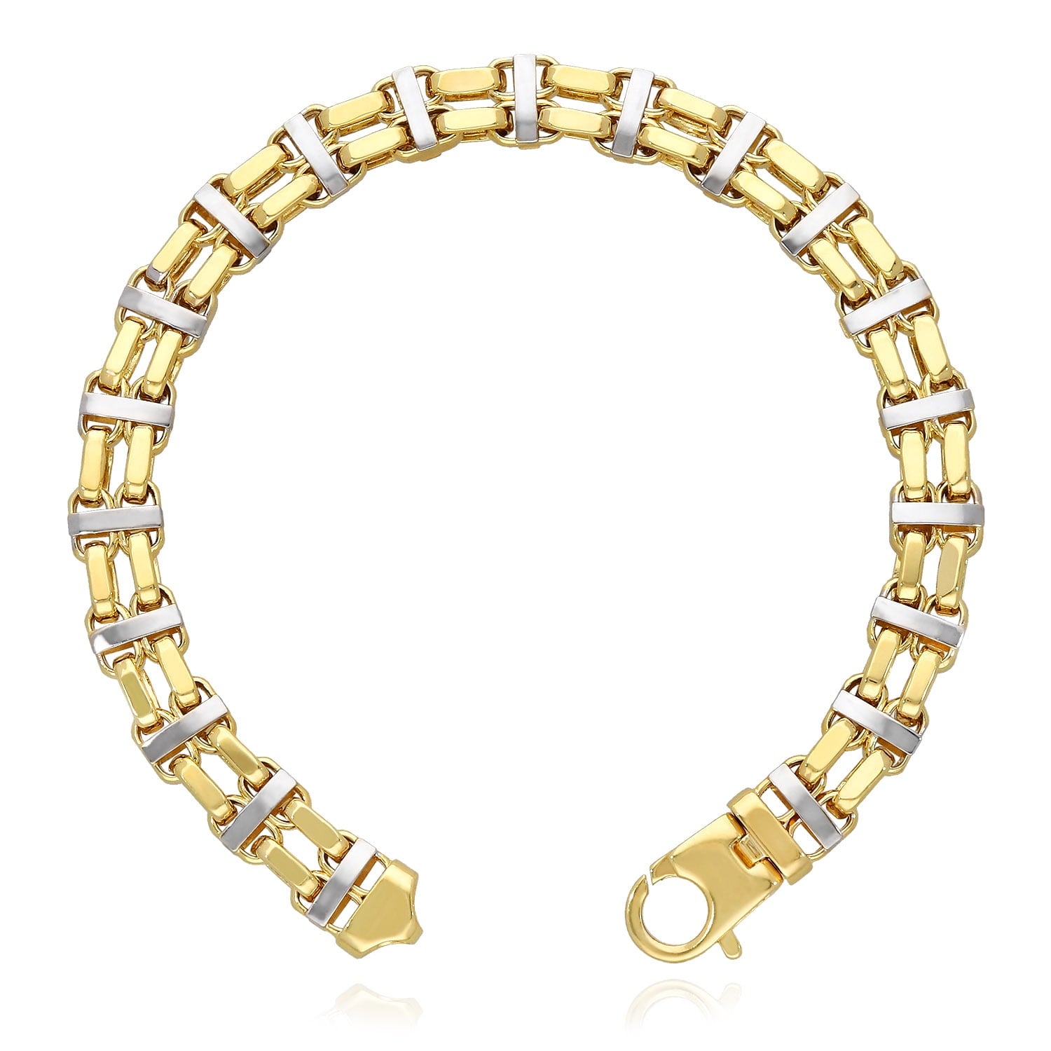 14K Two-Tone Yellow White Gold 8.5Mm Hollow Bike Double Rolo Bracelet 8.75"