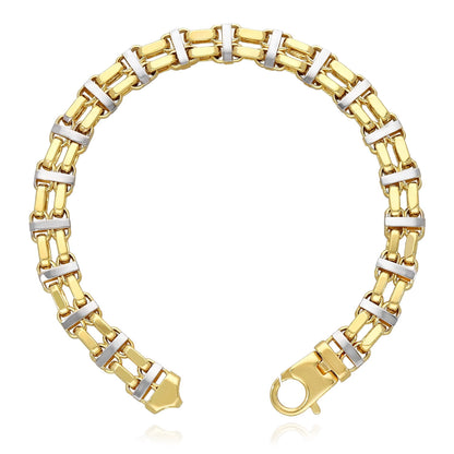 14K Two-Tone Yellow White Gold 8.5Mm Hollow Bike Double Rolo Bracelet 8.75"