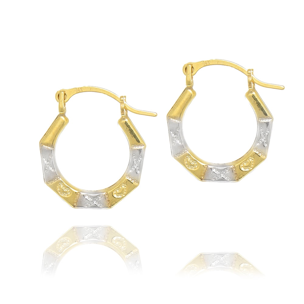 14K Yellow White Gold Tubular Octagonal "X" Heart Hoop Earrings
