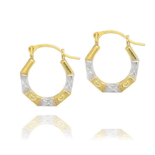 14K Yellow White Gold Tubular Octagonal "X" Heart Hoop Earrings