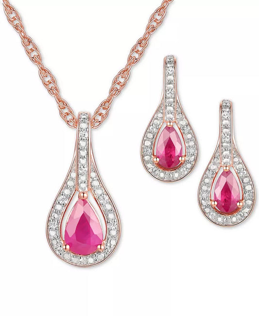2-Pc. Set Ruby (1 Ct. T.W.) & Diamond (1/20 Ct. T.W.) Pendant Necklace & Matching Drop Earrings in Sterling Silver (Also Available in Sapphire or Emerald)