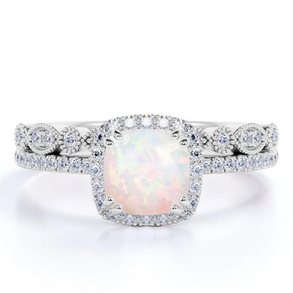 1.50 Ct round Cut Blue Opal and Moissanite Wedding Ring Set in in 18K White Gold over Silver