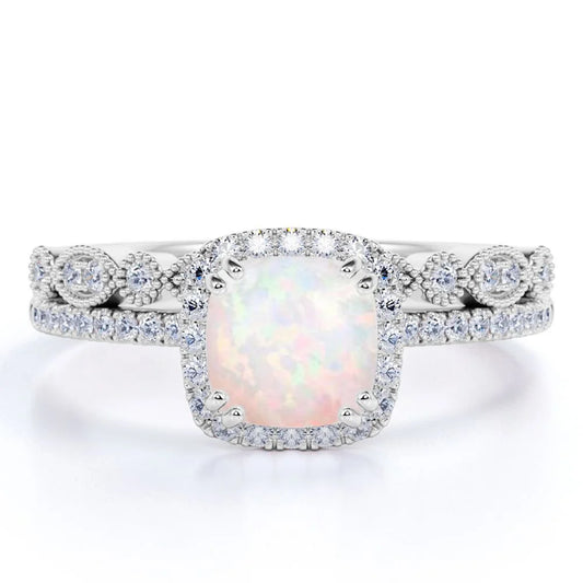 1.50 Ct round Cut Blue Opal and Moissanite Wedding Ring Set in in 18K White Gold over Silver