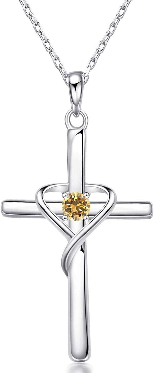 925 Sterling Silver Cross Necklace for Women Men 5A CZ Birthstone Necklaces 14K Gold Plated or Rose Gold Necklace for Easter or Mother'S Day