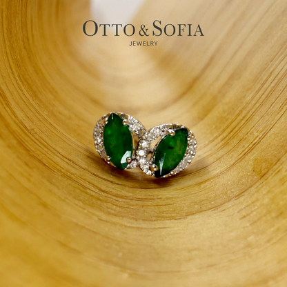 Marquise Emerald and Diamond Halo Earrings in 14K White Gold