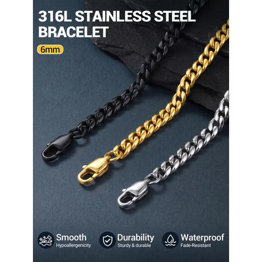 Men Chain Bracelet Gold Plated Cuban Curb Bracelet 6MM 7.5 Inch Wrist Bracelet Mens Stainless Steel Jewelry