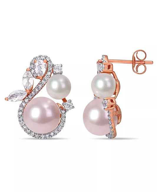 Freshwater Cultured Pearl (5.5-8.5Mm), White Topaz (1 1/8 Ct. T.W) and Diamond (1/3 Ct. T.W.) Swan Earrings in 10K Rose Gold