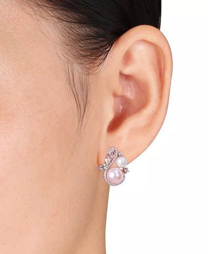 Freshwater Cultured Pearl (5.5-8.5Mm), White Topaz (1 1/8 Ct. T.W) and Diamond (1/3 Ct. T.W.) Swan Earrings in 10K Rose Gold