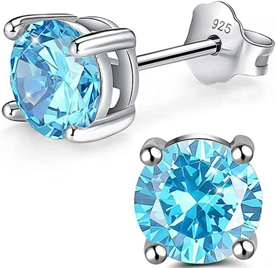 925 Sterling Silver Blue CZ Birthstone Stud Earrings