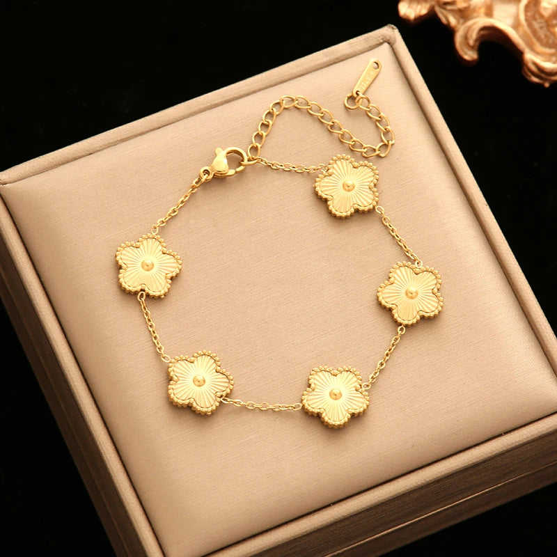 316L Stainless Steel Black Reversible Leaf Clover Necklace Bracelets Earrings Set for Women Fashion Waterproof Jewelry