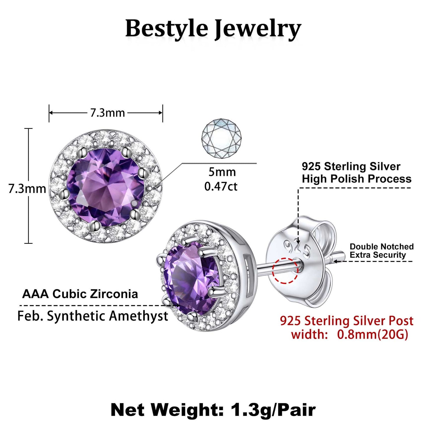 925 Sterling Silver Birthstone Stud Earrings round Synthetic Amethyst Diamond Studs Earrings Women Gift February