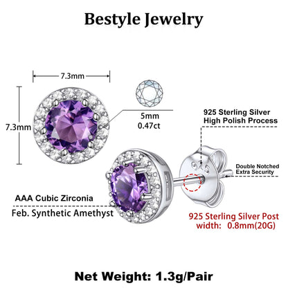 925 Sterling Silver Birthstone Stud Earrings round Synthetic Amethyst Diamond Studs Earrings Women Gift February