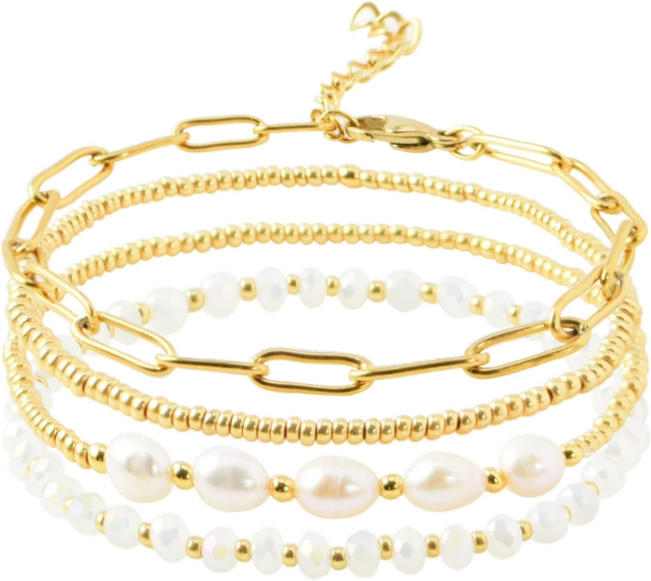Gold Pearl Beaded Bracelets for Women,Gold Pearl Stackable Stretch Be...