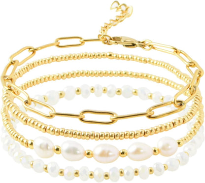 Gold Pearl Beaded Bracelets for Women,Gold Pearl Stackable Stretch Be...