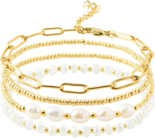 Gold Pearl Beaded Bracelets for Women,Gold Pearl Stackable Stretch Be...