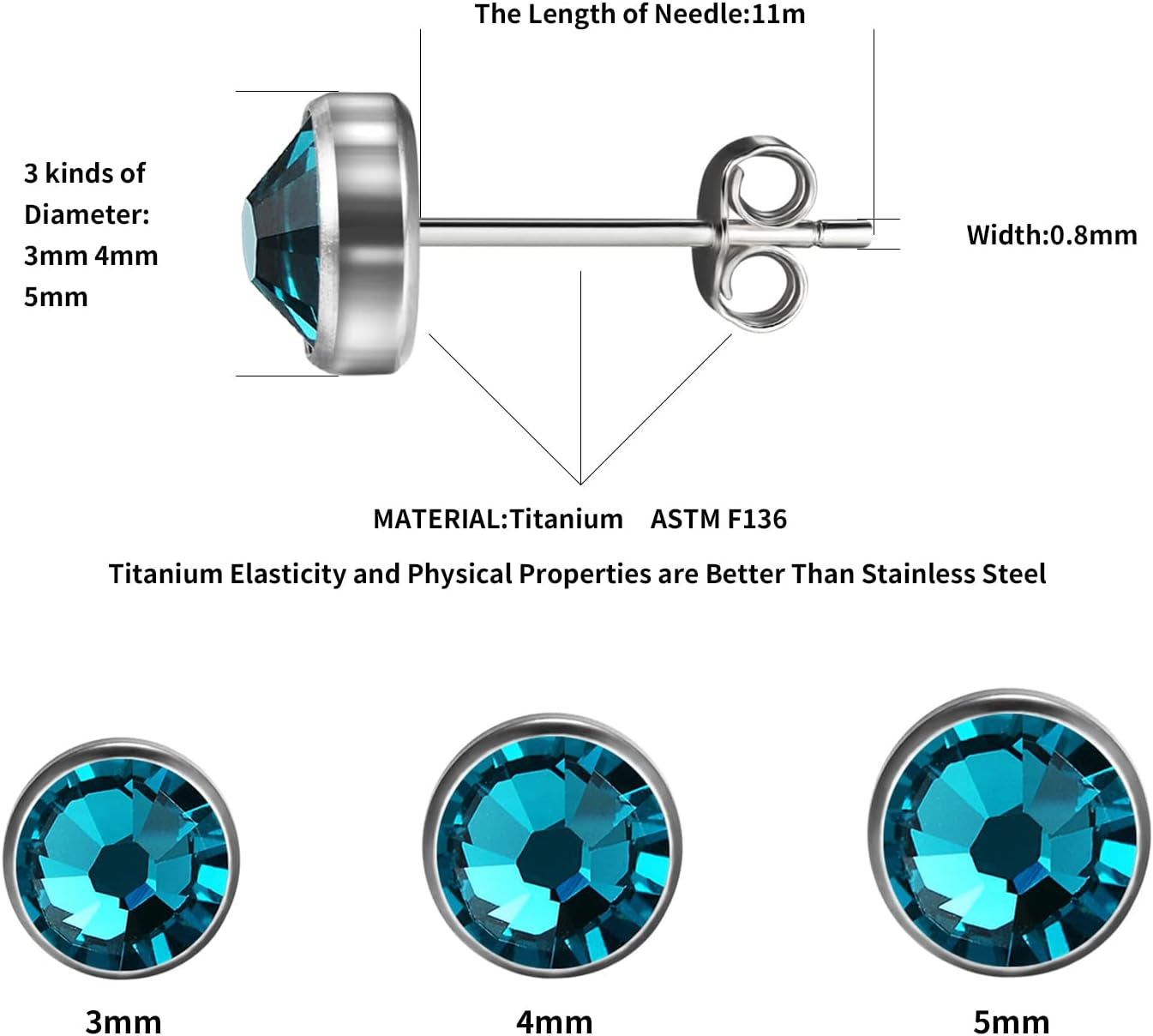 G23 Titanium Studs Earrings Hypoallergenic Earrings Women Stud Earrings Nickel Free Dainty Earrings for Sensitive Ears 3Mm/4Mm/5Mm Stone Size Options