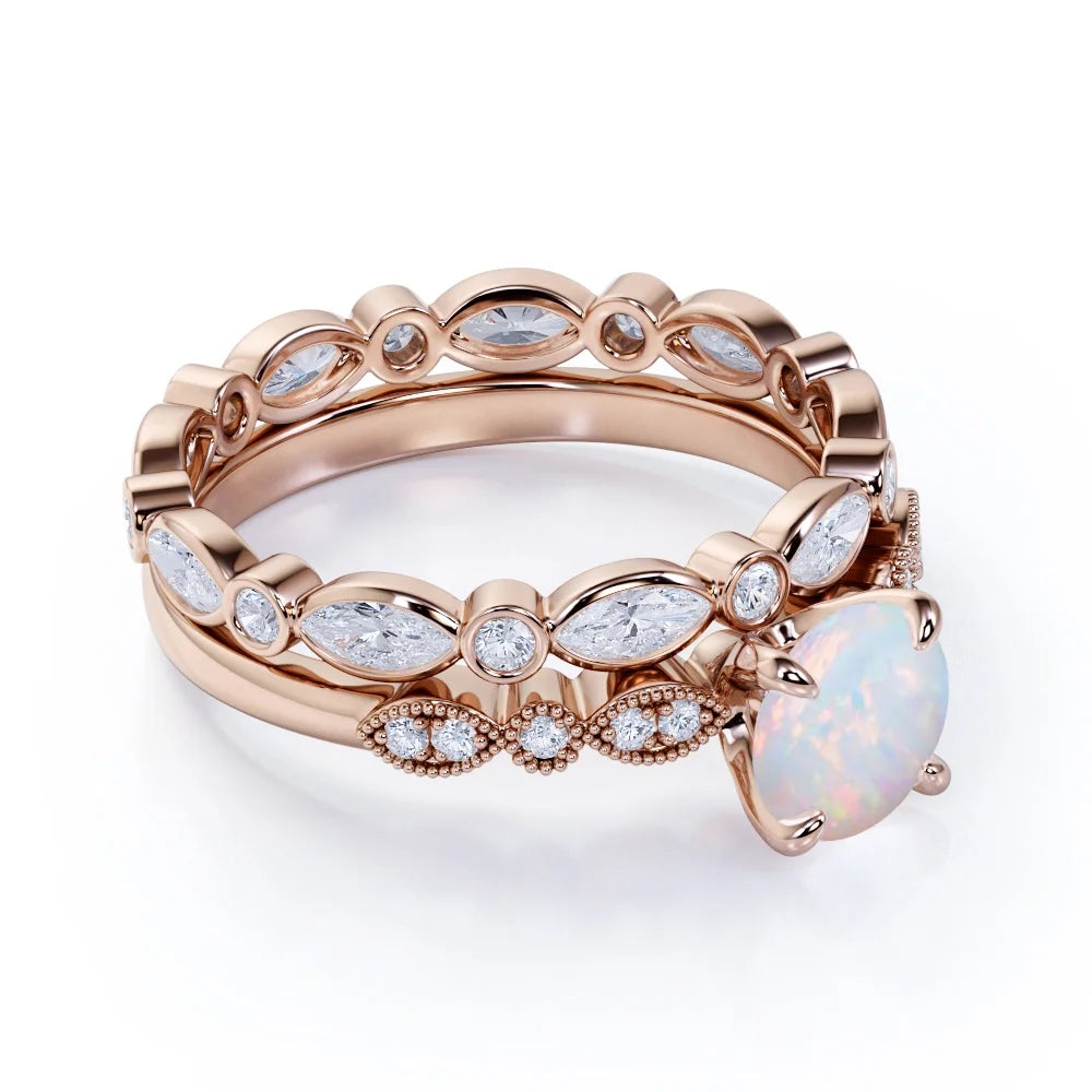 1.50 Ct Real round Blue Opal and Moissanite Engagement Ring Set in 18K Rose Gold over Silver