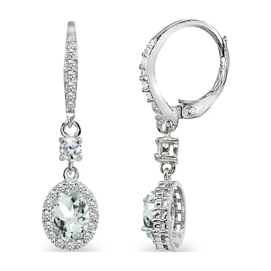 Light Aquamarine & CZ 7X5Mm Oval Halo Dangle Earrings in 925 Sterling Silver