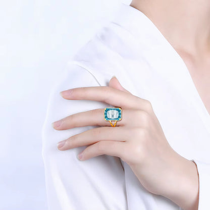 Classic Aquamarine Ring 925 Sterling Sliver Rings for Women Gold Plated Gemstone Vintage Luxury Party Gift Female Fine Jewelry