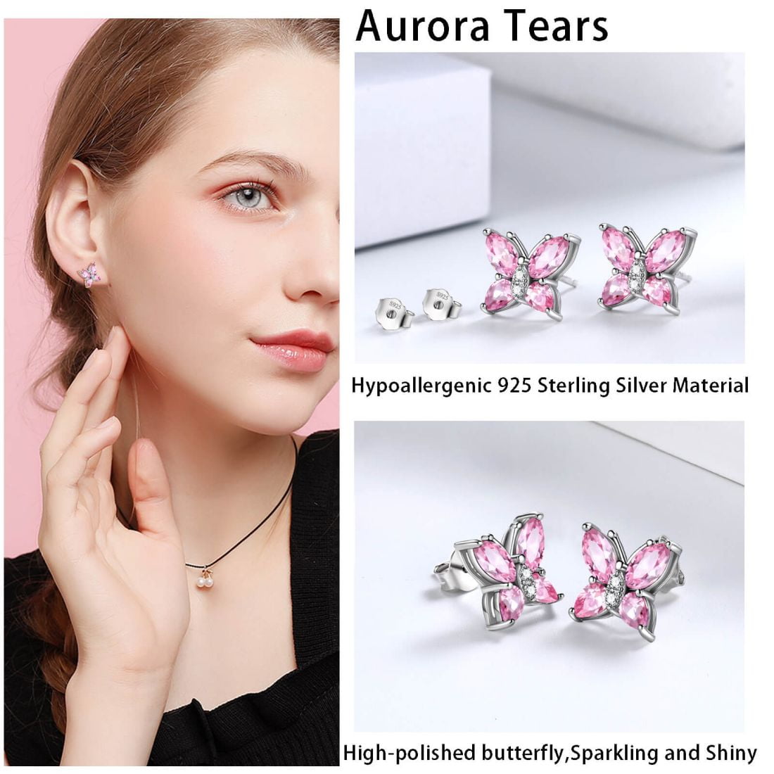 October Birthstone Earrings Pink Butterfly Earrings Tourmaline CZ Marquise Sterling Silver Jewelry Women Birthday Mother'S Day Gifts