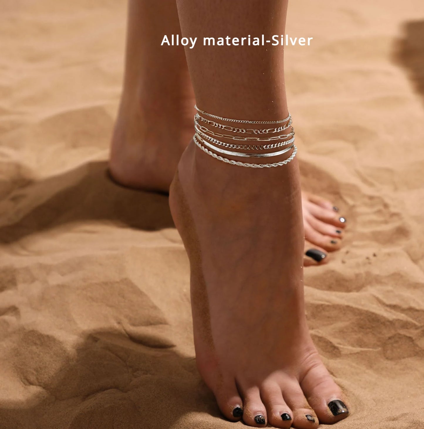 6PCS 14K Gold Plated Ankle Bracelets for Women, Stainless Steel Waterproof Herringbone Paperclip Bead Figaro Cuban Chain Anklets