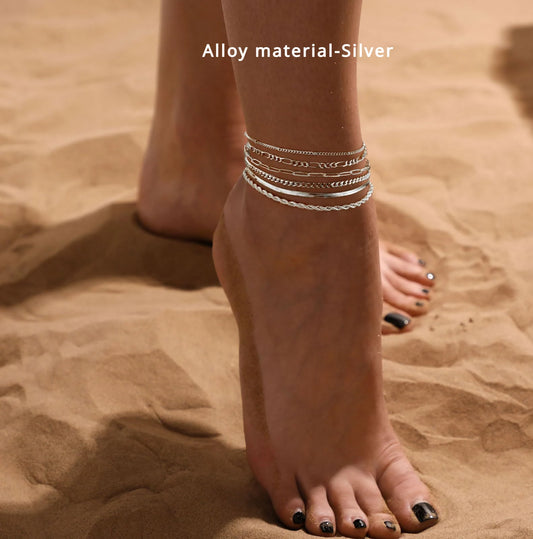 6PCS 14K Gold Plated Ankle Bracelets for Women, Stainless Steel Waterproof Herringbone Paperclip Bead Figaro Cuban Chain Anklets