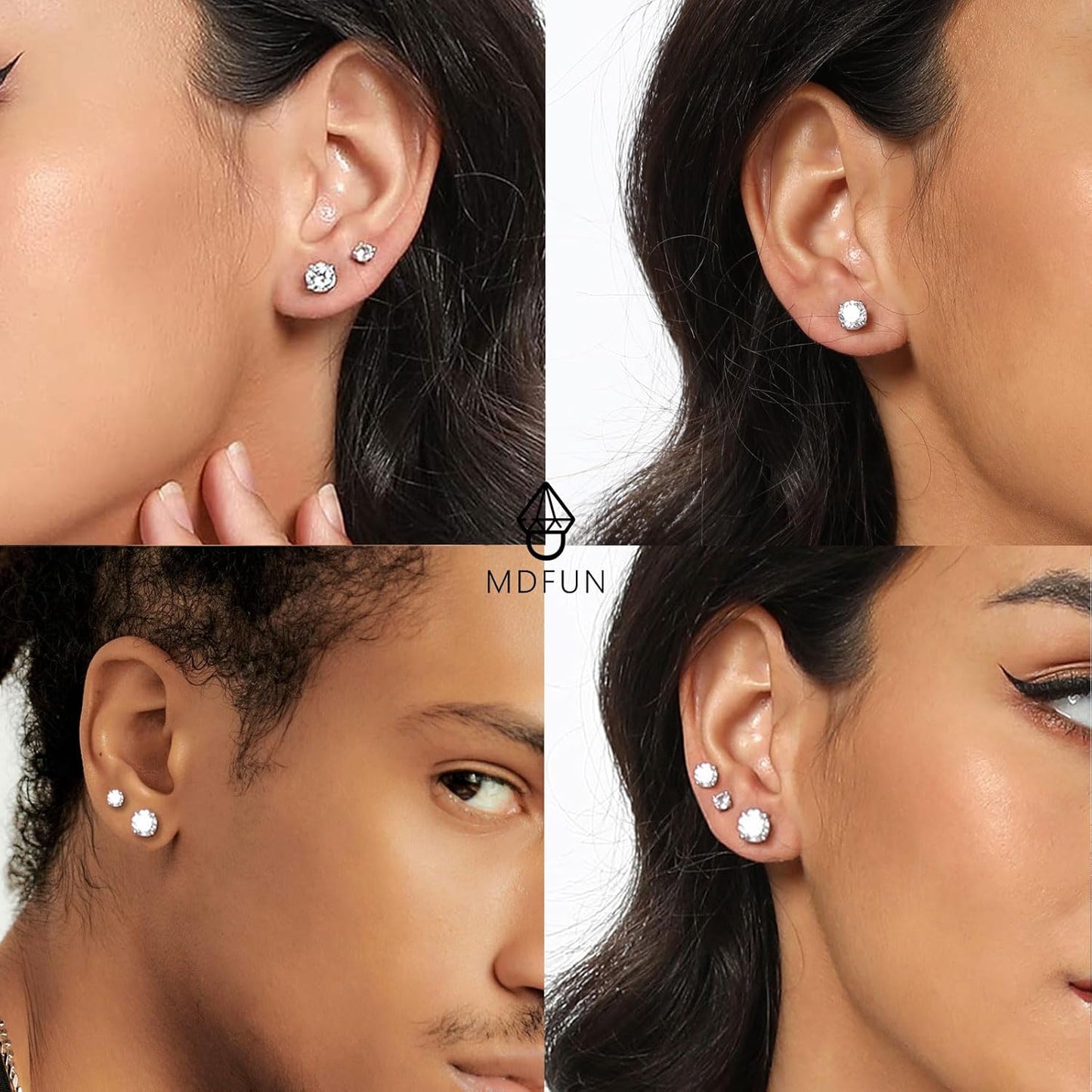 18K White/Yellow Gold Plated Stud Earrings for Women Men 4 Prong Graduated round Clear Cubic Zirconia Hypoallergenic Earrings Set 3-8Mm
