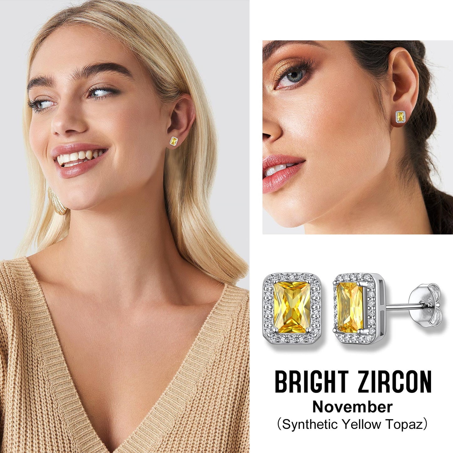 Square Diamond Stud Earrings November Citrine Birthstone Earrings, Sterling Silver Earrings Birthday Jewelry Gift for Women