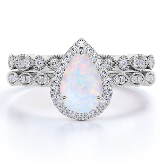 Vintage 1.5 Carat Pear Cut Opal and Moissanite Wedding Ring Set in 18K White Gold over Silver