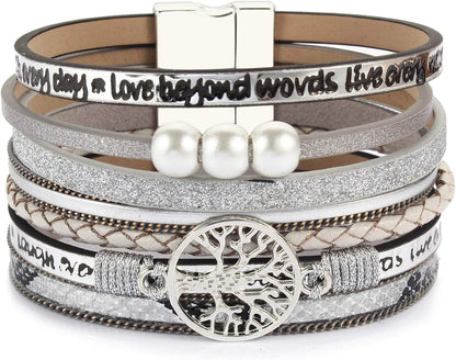 Tree of Life Leather Wrap Bracelet Inspirational Cuff Bangles Boho Pearl Bracelets with Magnetic Clasp Unique Jewelry Gifts for Women