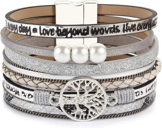 Tree of Life Leather Wrap Bracelet Inspirational Cuff Bangles Boho Pearl Bracelets with Magnetic Clasp Unique Jewelry Gifts for Women