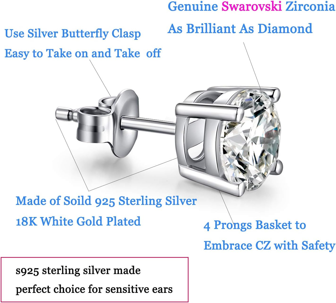 Men Stud Earrings, 18K White Gold Plated 4 Pong round CZ Earrings, 925 Sterling Silver Stud Earrings for Women/Men 3MM-8MM Available