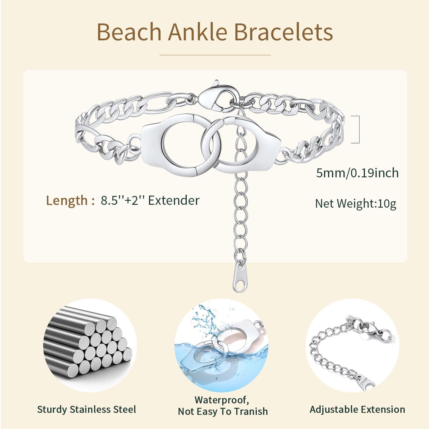 Handcuff Ankle Bracelets for Women Partners in Crime Anklets Silver Gothic Punk Jewelry 8.5" Adjustable Ankle Chain Foot Link Infinity Anklets for Mother'S Day Gift