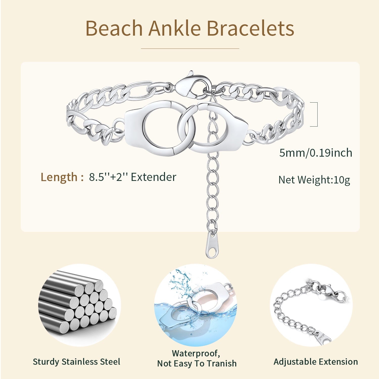 Handcuff Ankle Bracelets for Women Partners in Crime Anklets Silver Gothic Punk Jewelry 8.5" Adjustable Ankle Chain Foot Link Infinity Anklets for Mother'S Day Gift