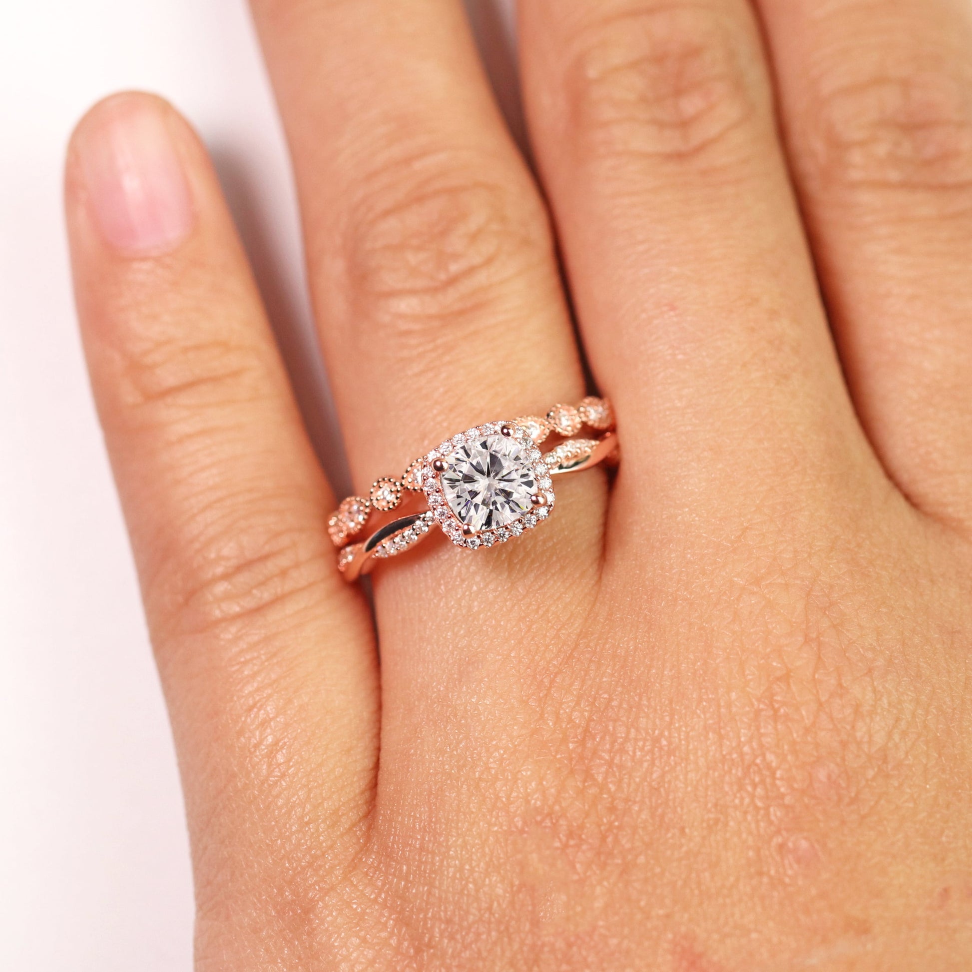 Art Deco Ring 1.75 Carat Cushion Cut Moissanite Wedding Set in 18K Rose Gold over Silver